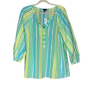 Talbots NWT bright cheery multi striped 3/4 button up blouse. Size L‎